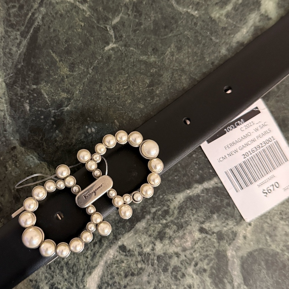 Salvatore Ferragamo Black Leather Belt Pearl-Embellished Buckle Double Gancini